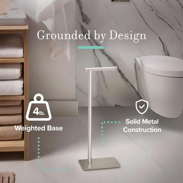 Alt view image 4 of 7 - 1431SN Bathroom Toilet Paper Holder Stand, Freestanding Tissue Roll Holder, Weighted Base, Satin Nickel, 22.25 Inch, Modern Rectangle Base