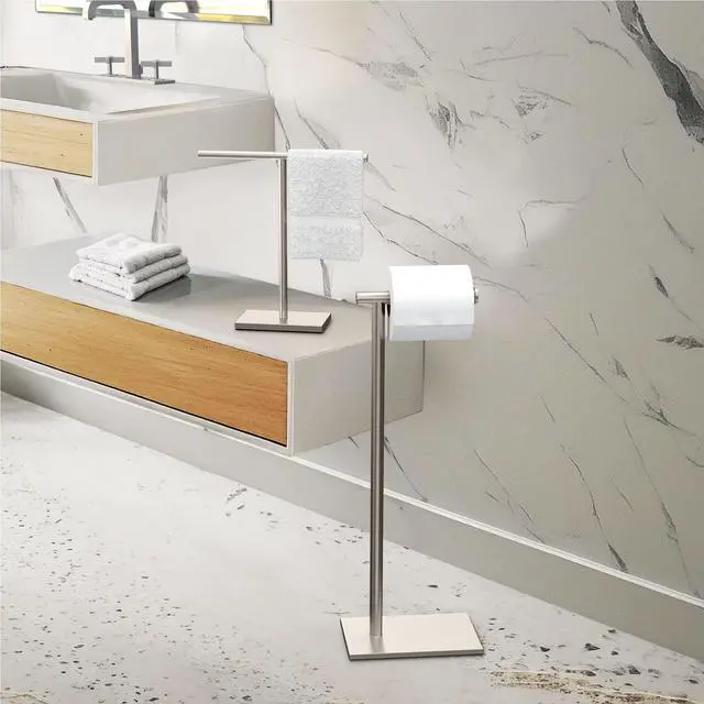 Alt view image 5 of 7 - 1431SN Bathroom Toilet Paper Holder Stand, Freestanding Tissue Roll Holder, Weighted Base, Satin Nickel, 22.25 Inch, Modern Rectangle Base