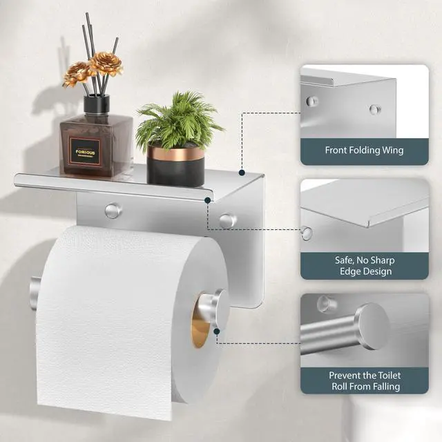 Alt view image 3 of 7 - Toilet Paper Holder with Shelf, Adhesive or Screw, Commercial | Brushed Nickel | Wall Mount Bathroom Tissue Holder | SUS304 Stainless Steel Rustproof | Bathroom Tissue Roll Holder