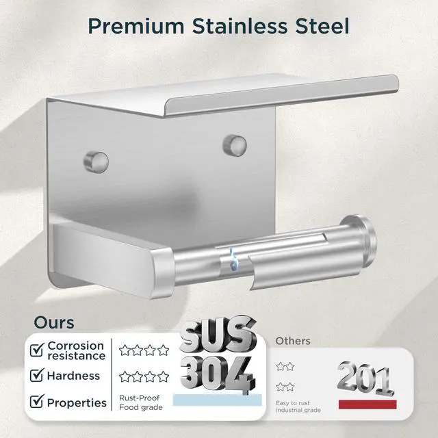 Alt view image 5 of 7 - Toilet Paper Holder with Shelf, Adhesive or Screw, Commercial | Brushed Nickel | Wall Mount Bathroom Tissue Holder | SUS304 Stainless Steel Rustproof | Bathroom Tissue Roll Holder