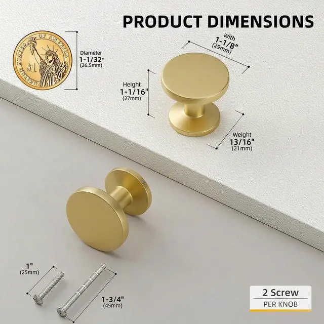 Alt view image 2 of 7 - 10 Pack Brushed Brass Cabinet Knobs Round Gold Drawer Knobs Kitchen Cabinet Handles Solid Zinc Alloy Pulls for Bathroom Dresser Hardware