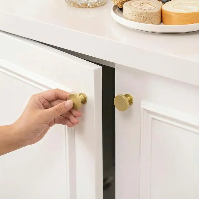 Alt view image 3 of 7 - 10 Pack Brushed Brass Cabinet Knobs Round Gold Drawer Knobs Kitchen Cabinet Handles Solid Zinc Alloy Pulls for Bathroom Dresser Hardware