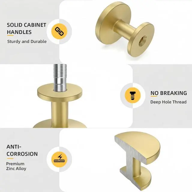 Alt view image 6 of 7 - 10 Pack Brushed Brass Cabinet Knobs Round Gold Drawer Knobs Kitchen Cabinet Handles Solid Zinc Alloy Pulls for Bathroom Dresser Hardware