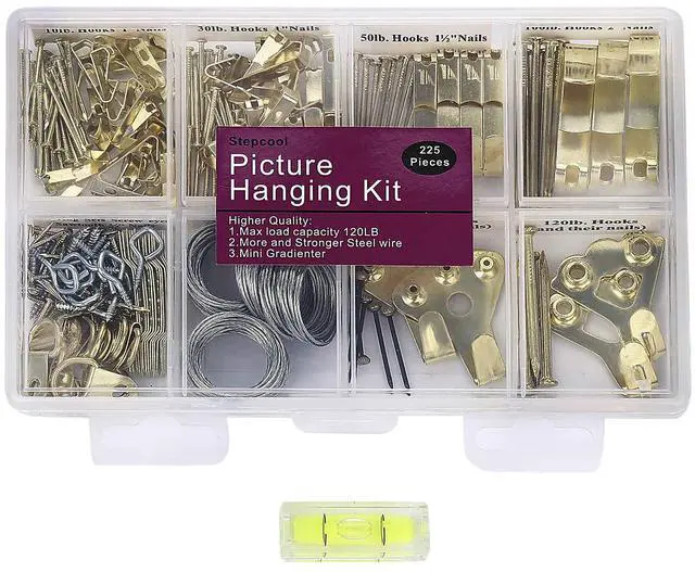 Main image of Picture Hangers, Picture Hanging Kit, 225pcs Heavy Duty Frame Hooks Hardware with Nails, Hanging Wire, Screw Eyes, D Ring and Sawtooth for Wall Mounting