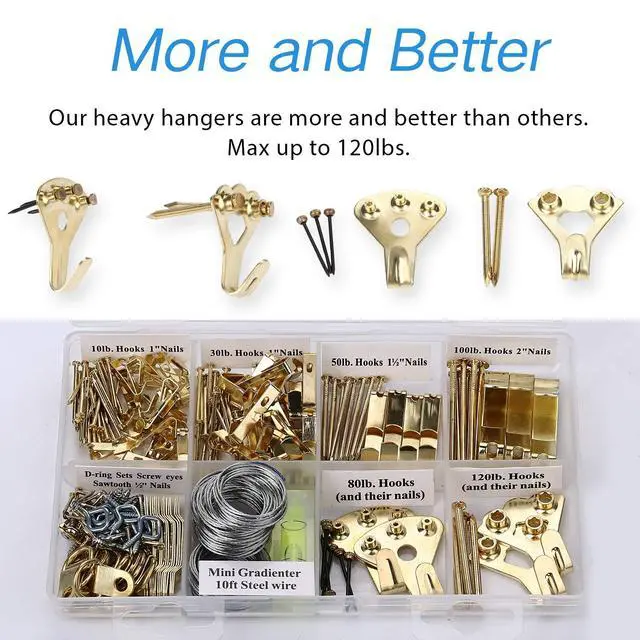 Alt view image 2 of 7 - Picture Hangers, Picture Hanging Kit, 225pcs Heavy Duty Frame Hooks Hardware with Nails, Hanging Wire, Screw Eyes, D Ring and Sawtooth for Wall Mounting