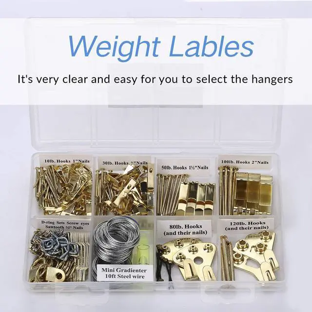 Alt view image 5 of 7 - Picture Hangers, Picture Hanging Kit, 225pcs Heavy Duty Frame Hooks Hardware with Nails, Hanging Wire, Screw Eyes, D Ring and Sawtooth for Wall Mounting