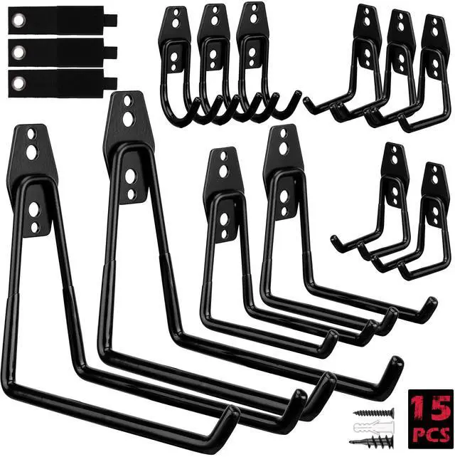Main image of Garage Tool Storage Wall Hook Assortment Set: 15PCS Heavy Duty Large Hanger Garden Tool Organizer Ladder Bike Rack Yard Tool Holder Shed Shovel Metal Screw Organization Bicycle Steel Bracket