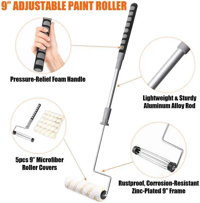 Alt view image 3 of 6 - 6pcs House Paint Roller Kit, 9 inch Extendable Roller Frame with 5 Microfiber Roller Covers 1/2" Nap, Adjustable Painting Roller (18" - 36") for Walls, Ceilings, Floor, Home Painting Supplies