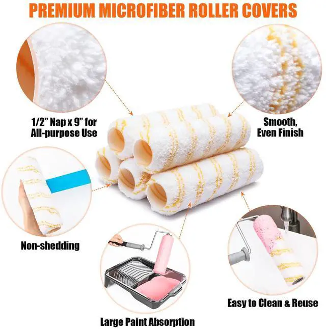 Alt view image 4 of 6 - 6pcs House Paint Roller Kit, 9 inch Extendable Roller Frame with 5 Microfiber Roller Covers 1/2" Nap, Adjustable Painting Roller (18" - 36") for Walls, Ceilings, Floor, Home Painting Supplies