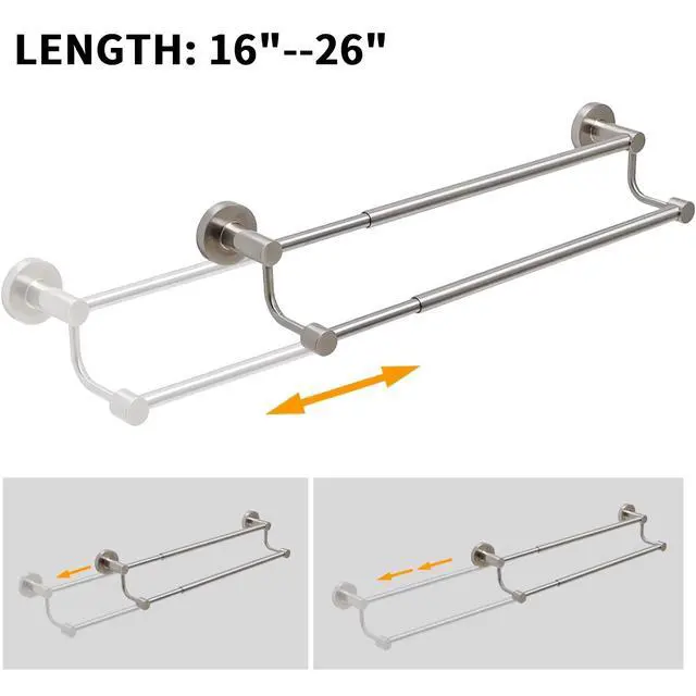 Alt view image 5 of 6 - Double Towel Bar Towel Rack for Bathroom Wall Mounted Brushed Nickel | Adjustable 16-26 In,Wall Mounted Towel Holder, Stainless Steel, Rustproof, Towel Bar Rod Hanger Hardware Accessories Hotel