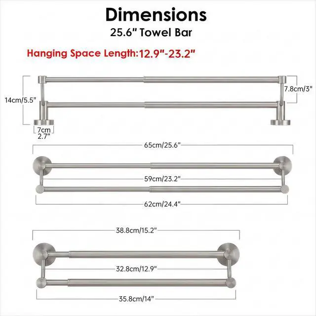Alt view image 6 of 6 - Double Towel Bar Towel Rack for Bathroom Wall Mounted Brushed Nickel | Adjustable 16-26 In,Wall Mounted Towel Holder, Stainless Steel, Rustproof, Towel Bar Rod Hanger Hardware Accessories Hotel