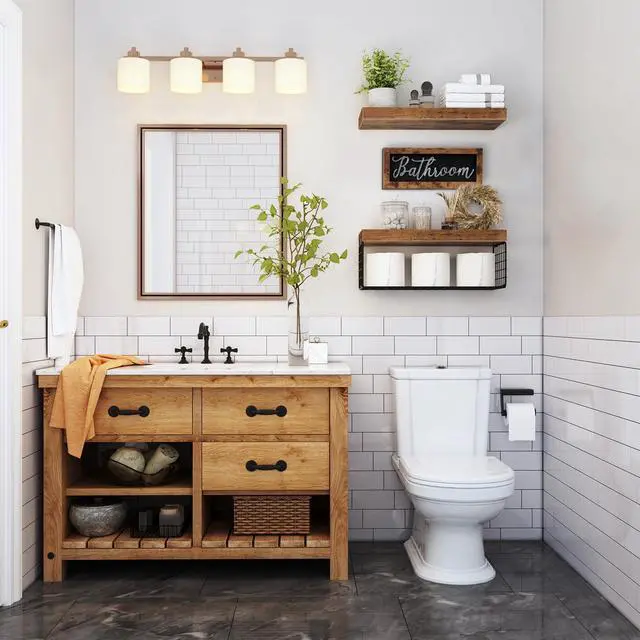 Alt view image 2 of 7 - Bathroom Shelves Over Toilet - Paper Storage Wall Mounted Farmhouse Decor Decorations Aesthetic Décor Sign Small Floating Shelf 2+1 Set 16 inch, Rustic Brown (020BN)