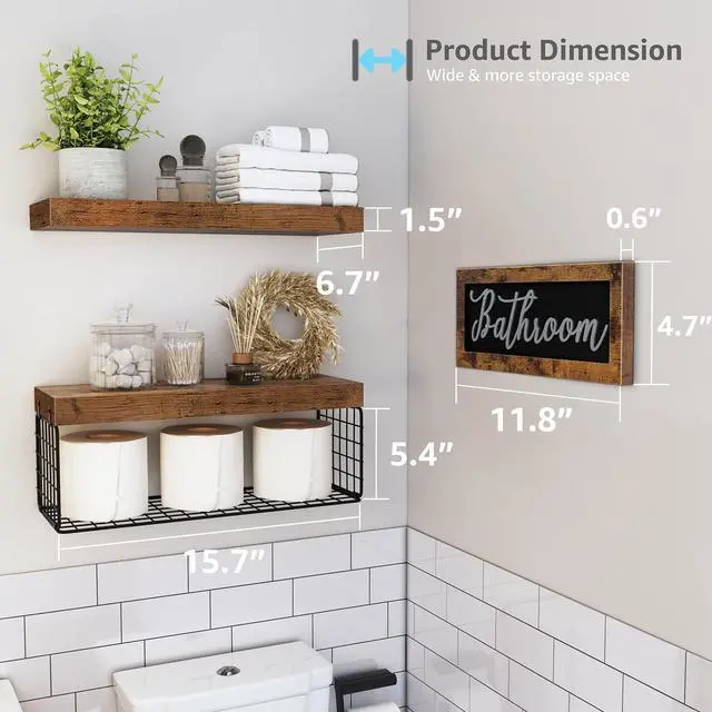 Alt view image 3 of 7 - Bathroom Shelves Over Toilet - Paper Storage Wall Mounted Farmhouse Decor Decorations Aesthetic Décor Sign Small Floating Shelf 2+1 Set 16 inch, Rustic Brown (020BN)