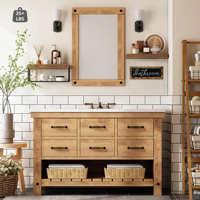 Alt view image 4 of 7 - Bathroom Shelves Over Toilet - Paper Storage Wall Mounted Farmhouse Decor Decorations Aesthetic Décor Sign Small Floating Shelf 2+1 Set 16 inch, Rustic Brown (020BN)