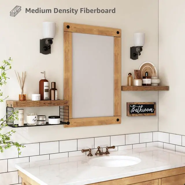 Alt view image 5 of 7 - Bathroom Shelves Over Toilet - Paper Storage Wall Mounted Farmhouse Decor Decorations Aesthetic Décor Sign Small Floating Shelf 2+1 Set 16 inch, Rustic Brown (020BN)