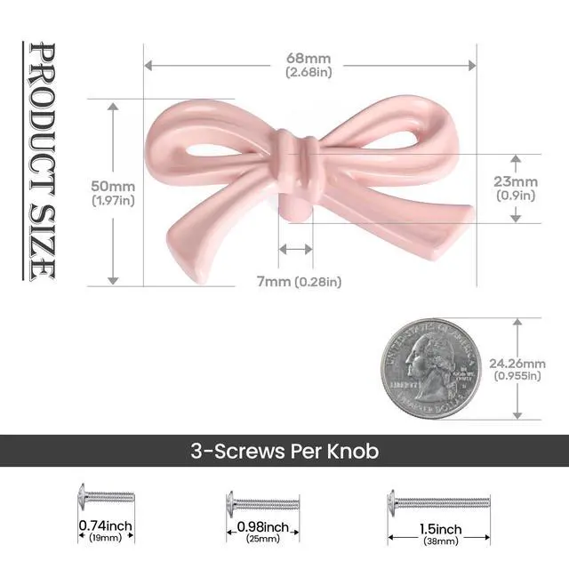 Alt view image 2 of 7 - 8 Pack Large Pink Bow Dresser Cabinet Knobs, 2.7 Inches | Bow Dresser Knobs Decorative Cabinet Drawer Pull Handles for Girls Bedroom and Nursery Room Decor