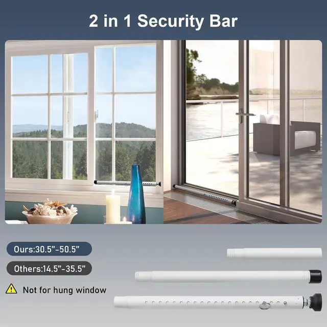Alt view image 3 of 7 - Sliding Door Security Bar, 17.7-50.5inch Heavy Duty Adjustable Sliding Patio Door Lock Bar with Rubber Tips,Diameter 1inch Window Security Bar for Home Apartment Travel Children Women (White)