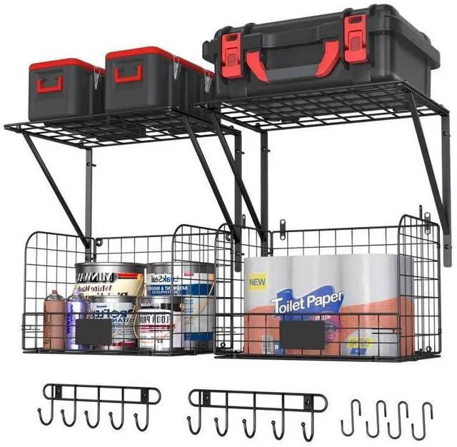 Main image of 2 Pack Garage Shelves Wall Mounted with Wire Baskets, Heavy Duty Garage Wall Shelving with Hooks, Wire Shelf Baskets Tool Organizer for Home Garden Garage Organization and Storage