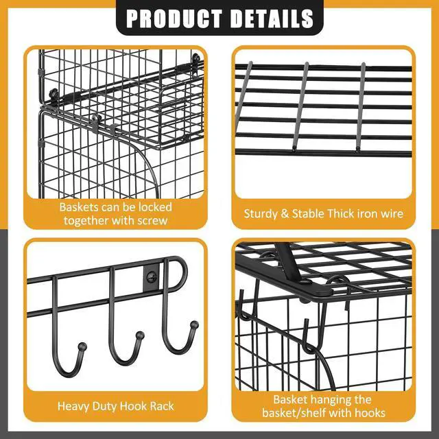 Alt view image 6 of 7 - 2 Pack Garage Shelves Wall Mounted with Wire Baskets, Heavy Duty Garage Wall Shelving with Hooks, Wire Shelf Baskets Tool Organizer for Home Garden Garage Organization and Storage
