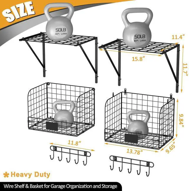 Alt view image 3 of 7 - 2 Pack Garage Shelves Wall Mounted with Wire Baskets, Heavy Duty Garage Wall Shelving with Hooks, Wire Shelf Baskets Tool Organizer for Home Garden Garage Organization and Storage