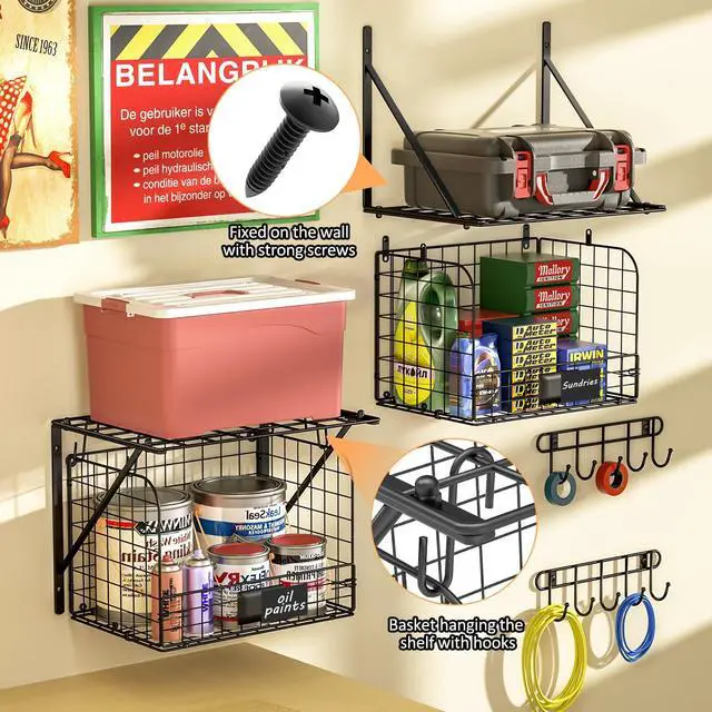 Alt view image 4 of 7 - 2 Pack Garage Shelves Wall Mounted with Wire Baskets, Heavy Duty Garage Wall Shelving with Hooks, Wire Shelf Baskets Tool Organizer for Home Garden Garage Organization and Storage