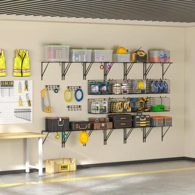 Alt view image 5 of 7 - 2 Pack Garage Shelves Wall Mounted with Wire Baskets, Heavy Duty Garage Wall Shelving with Hooks, Wire Shelf Baskets Tool Organizer for Home Garden Garage Organization and Storage