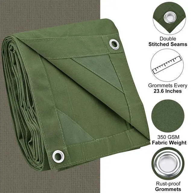 Alt view image 2 of 7 - Canvas Tarp 6x8 Feet, 12 Oz Heavy Duty Water Resistant with Rustproof Grommets, UV Resistant, Multipurpose Outdoor Tarpaulin for Camping, Canopy, Woodpile, Trailer (Green)