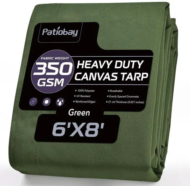 Main image of Canvas Tarp 6x8 Feet, 12 Oz Heavy Duty Water Resistant with Rustproof Grommets, UV Resistant, Multipurpose Outdoor Tarpaulin for Camping, Canopy, Woodpile, Trailer (Green)