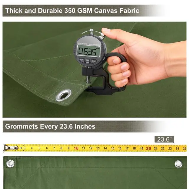 Alt view image 3 of 7 - Canvas Tarp 6x8 Feet, 12 Oz Heavy Duty Water Resistant with Rustproof Grommets, UV Resistant, Multipurpose Outdoor Tarpaulin for Camping, Canopy, Woodpile, Trailer (Green)