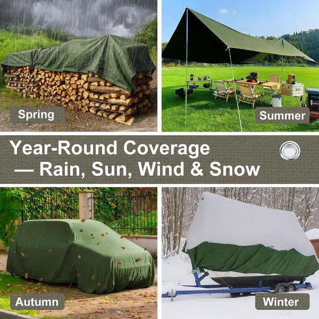 Alt view image 6 of 7 - Canvas Tarp 6x8 Feet, 12 Oz Heavy Duty Water Resistant with Rustproof Grommets, UV Resistant, Multipurpose Outdoor Tarpaulin for Camping, Canopy, Woodpile, Trailer (Green)