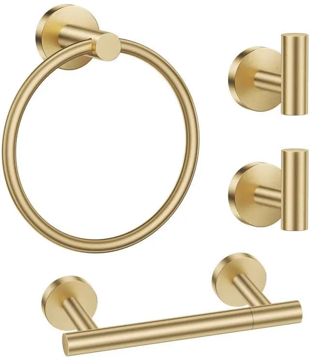 Main image of Brushed Gold Bathroom Hardware Set, Toilet Paper Holder, Towel Ring & Hooks | Bathroom Accessories Include Stainless Steel Double Bases Toilet Paper Holder, Towel Ring, 2 Towel Hooks Wall Mount