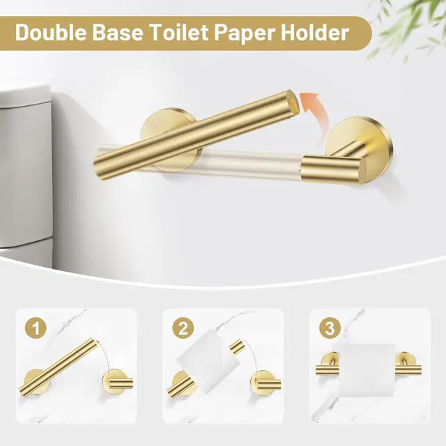 Alt view image 3 of 7 - Brushed Gold Bathroom Hardware Set, Toilet Paper Holder, Towel Ring & Hooks | Bathroom Accessories Include Stainless Steel Double Bases Toilet Paper Holder, Towel Ring, 2 Towel Hooks Wall Mount