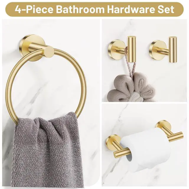 Alt view image 2 of 7 - Brushed Gold Bathroom Hardware Set, Toilet Paper Holder, Towel Ring & Hooks | Bathroom Accessories Include Stainless Steel Double Bases Toilet Paper Holder, Towel Ring, 2 Towel Hooks Wall Mount