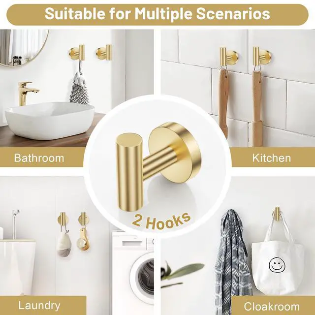 Alt view image 4 of 7 - Brushed Gold Bathroom Hardware Set, Toilet Paper Holder, Towel Ring & Hooks | Bathroom Accessories Include Stainless Steel Double Bases Toilet Paper Holder, Towel Ring, 2 Towel Hooks Wall Mount