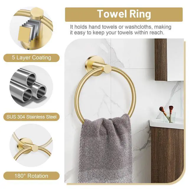 Alt view image 5 of 7 - Brushed Gold Bathroom Hardware Set, Toilet Paper Holder, Towel Ring & Hooks | Bathroom Accessories Include Stainless Steel Double Bases Toilet Paper Holder, Towel Ring, 2 Towel Hooks Wall Mount