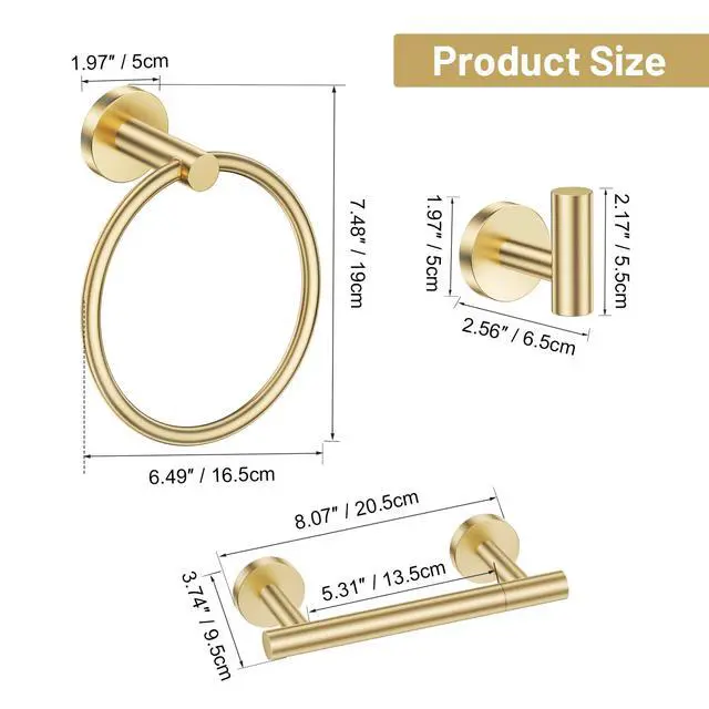 Alt view image 6 of 7 - Brushed Gold Bathroom Hardware Set, Toilet Paper Holder, Towel Ring & Hooks | Bathroom Accessories Include Stainless Steel Double Bases Toilet Paper Holder, Towel Ring, 2 Towel Hooks Wall Mount