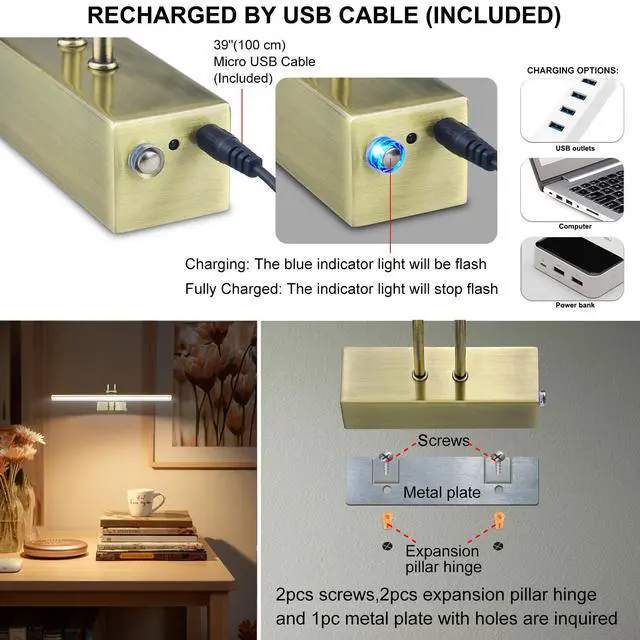 Alt view image 7 of 7 - Picture Light,5000mAh Wireless Wall Light,16" Art Light,Antique Brass | Rechargeable Photo Lights,Remote Timer and Dimmer Gallery Light for Painting,Display,Frame,Living Room