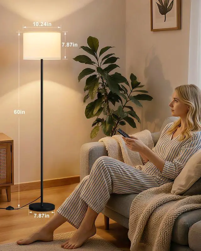 Alt view image 2 of 7 - Dimmable Floor Lamp with Remote, 9W 900LM LED Bulb Included | White Shade Black Pole, Lamps for Living Room Bedroom