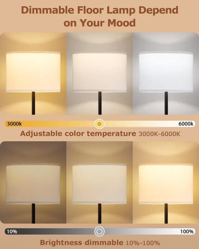 Alt view image 4 of 7 - Dimmable Floor Lamp with Remote, 9W 900LM LED Bulb Included | White Shade Black Pole, Lamps for Living Room Bedroom