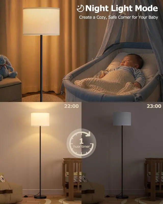 Alt view image 6 of 7 - Dimmable Floor Lamp with Remote, 9W 900LM LED Bulb Included | White Shade Black Pole, Lamps for Living Room Bedroom