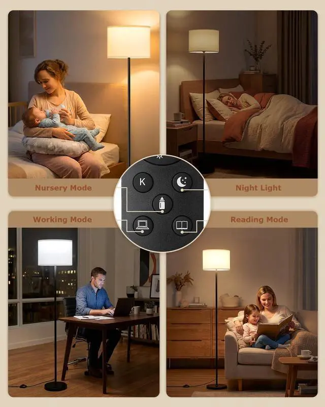 Alt view image 7 of 7 - Dimmable Floor Lamp with Remote, 9W 900LM LED Bulb Included | White Shade Black Pole, Lamps for Living Room Bedroom