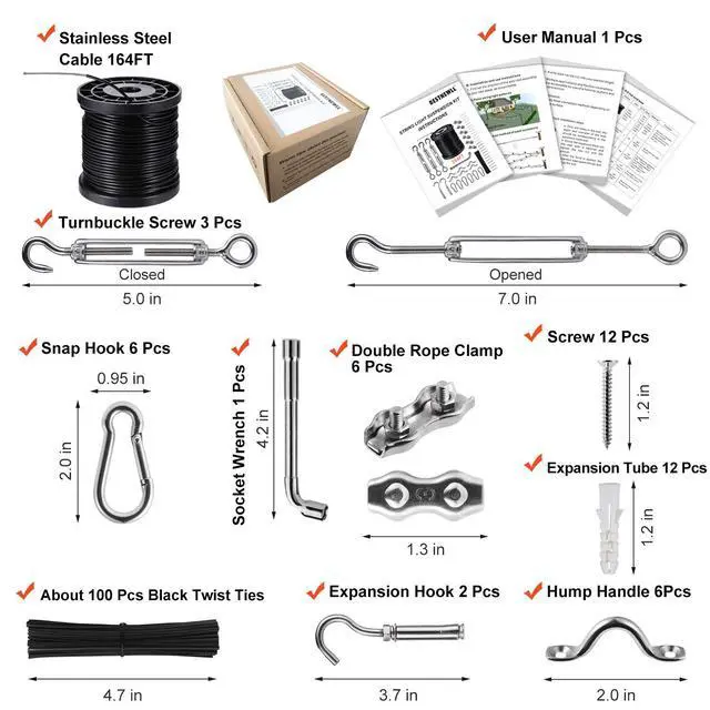 Alt view image 4 of 6 - Outdoor String Light Hanging Kit Includ 164 FT Nylon Rope Cable | 304 Stainless Steel Turnbuckle & Hooks,Globe Light Suspension Kits,Patio Lights Guide Wire,Enough Accessories,Use Manual