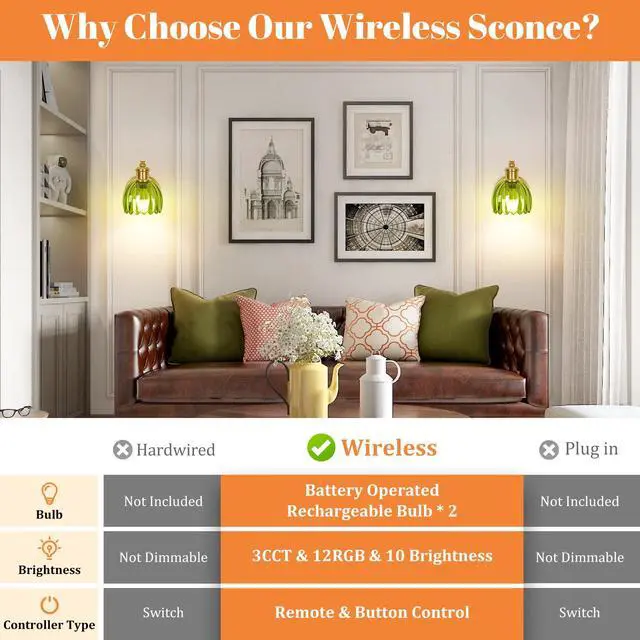 Alt view image 2 of 7 - Vintage Battery Operated Wall Sconce, Wireless Wall Lights with Bulbs | 15 Colors Rechargeable Gold Wall Lamp Set of 2 with Green Tulip Glass Lampshade and Remote for Bedroom Living Room Decor
