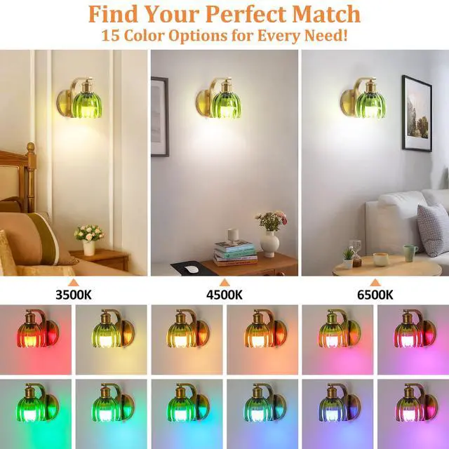 Alt view image 4 of 7 - Vintage Battery Operated Wall Sconce, Wireless Wall Lights with Bulbs | 15 Colors Rechargeable Gold Wall Lamp Set of 2 with Green Tulip Glass Lampshade and Remote for Bedroom Living Room Decor