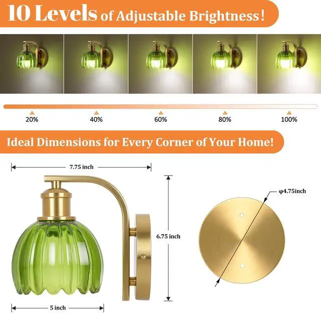 Alt view image 6 of 7 - Vintage Battery Operated Wall Sconce, Wireless Wall Lights with Bulbs | 15 Colors Rechargeable Gold Wall Lamp Set of 2 with Green Tulip Glass Lampshade and Remote for Bedroom Living Room Decor