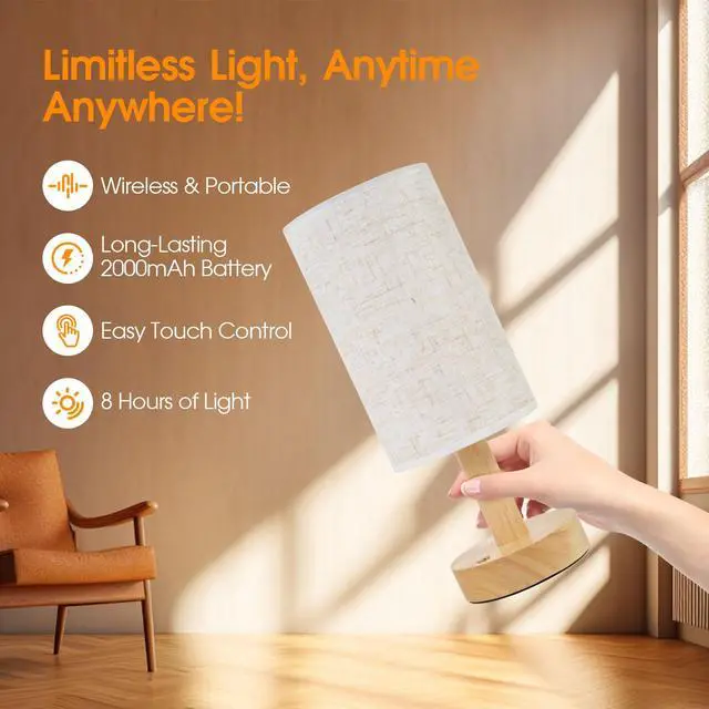Alt view image 4 of 7 - Small Cordless Touch Bedside Table Lamps Set of 2,Minimalist Dimmable Battery-Powered Desk Lamps with Round Fabric Linen Shade,Mini Nightstand Warm Night Lights for Bedroom,Home,Living Room,Office