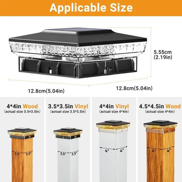 Alt view image 4 of 7 - 4x4 Solar Post Cap Lights Outdoor, 2 Modes 16 LED Fence Deck Post Lights, 4 Pack Waterproof Black Solar Powered Lighting Outside Fit 4x4 3.5x3.5 Wooden/Vinyl for Porch Patio Garden