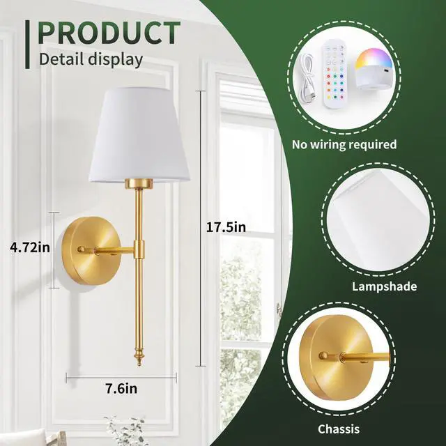 Alt view image 2 of 7 - Battery Operated Wall Sconces Set of 2, Wireless Battery Wall Light | with 5200mAh Dimmable Bulbs with Remote,RGB15 Colors Wireless Wall Lamps for Bedroom Living Room Hallway Decor-Brass Gold