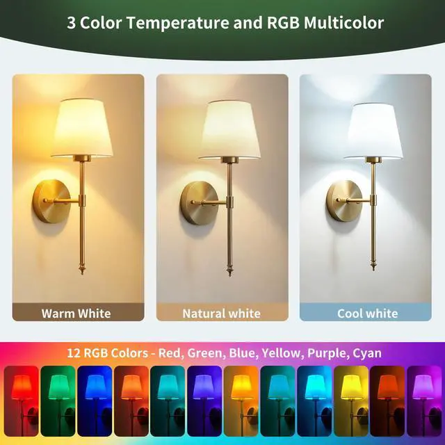 Alt view image 5 of 7 - Battery Operated Wall Sconces Set of 2, Wireless Battery Wall Light | with 5200mAh Dimmable Bulbs with Remote,RGB15 Colors Wireless Wall Lamps for Bedroom Living Room Hallway Decor-Brass Gold