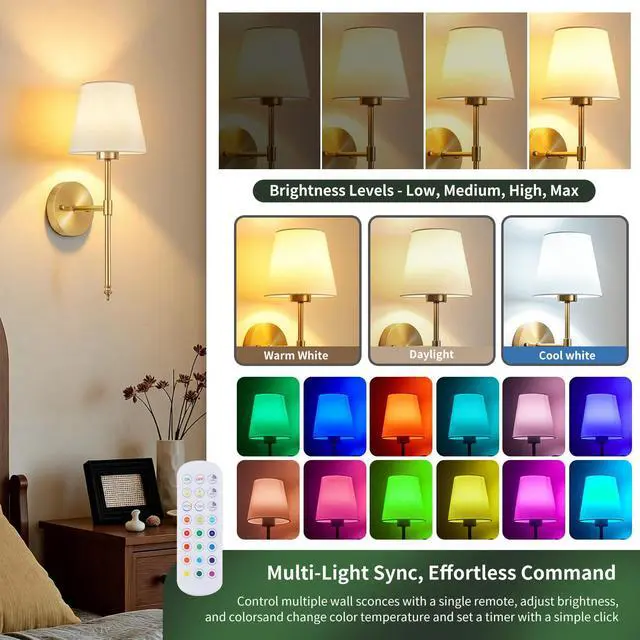 Alt view image 6 of 7 - Battery Operated Wall Sconces Set of 2, Wireless Battery Wall Light | with 5200mAh Dimmable Bulbs with Remote,RGB15 Colors Wireless Wall Lamps for Bedroom Living Room Hallway Decor-Brass Gold